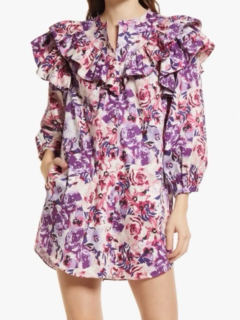 Something navy floral print ruffle shift dress 100% cotton S